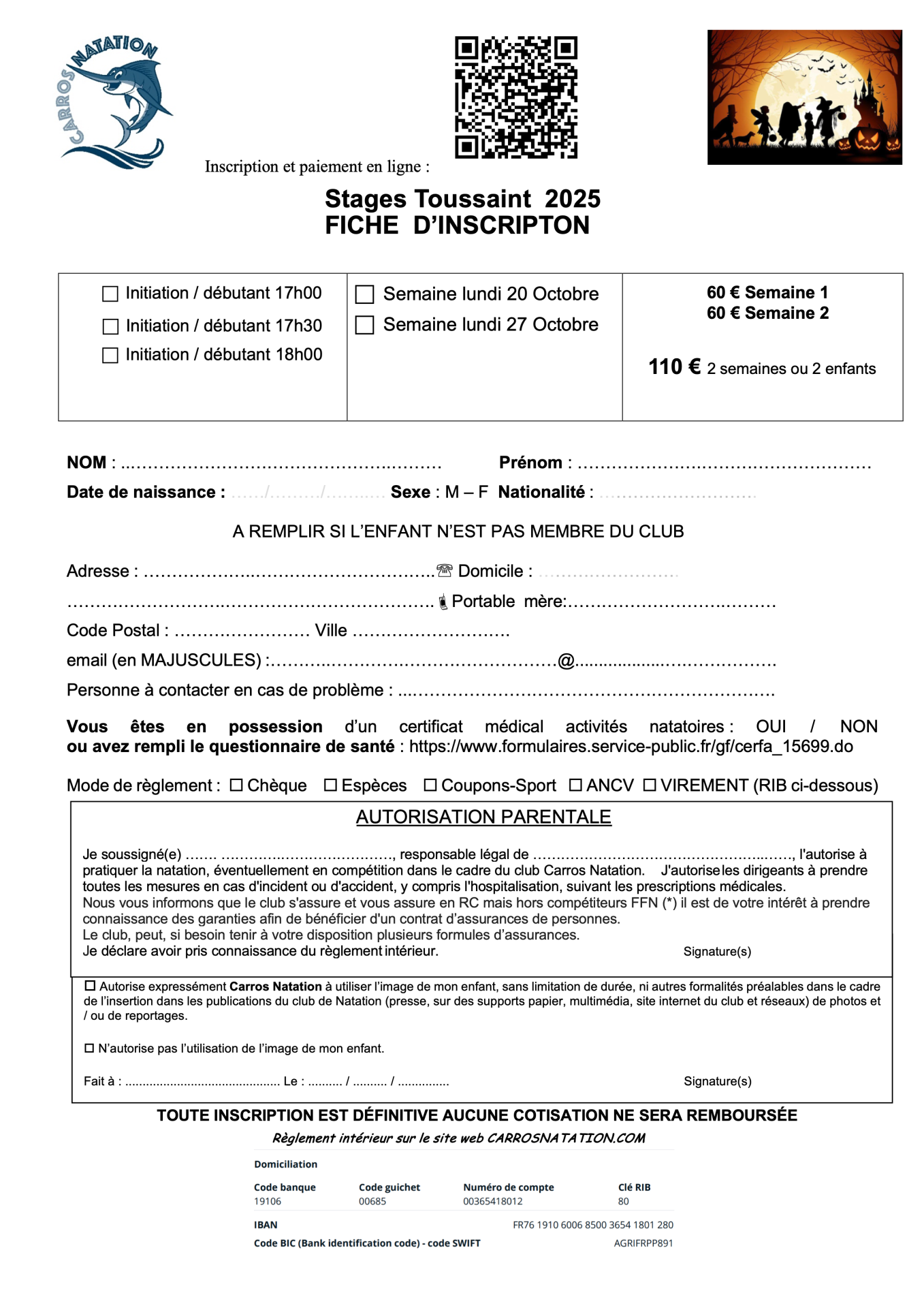 Inscription stage toussaint 2025